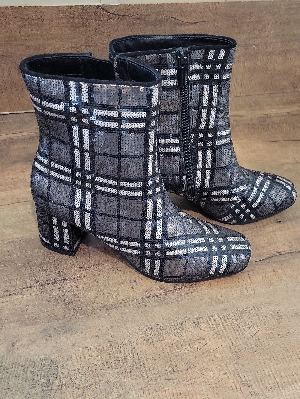 Impo Sequined Plaid Ankle Boots - Black & Silver